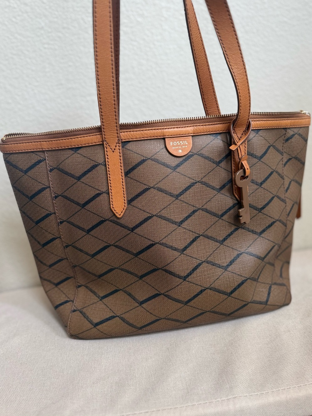 🤎 Fossil Geo Brown and Blue 💙 Tote with Tan Trim